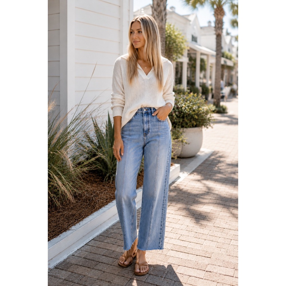 REFORMATION High Rise Straight Leg Jeans Light Wash Raw Hem Womens 29